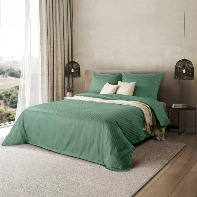 Pościel 160x200 cm komplet 3 częściowy satyna bawełniana kolor miętowy w drobne prążki VERA