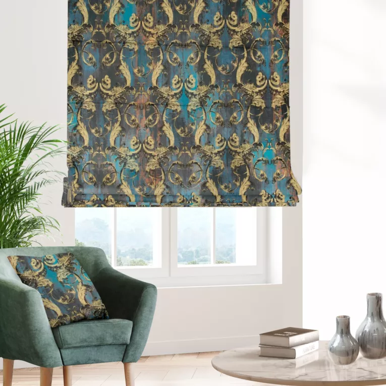 Roleta rzymska ciemnoturkusowo złota z ekskluzywnej tkaniny z dużym ornamentowym wzorem Italissima Eva Minge