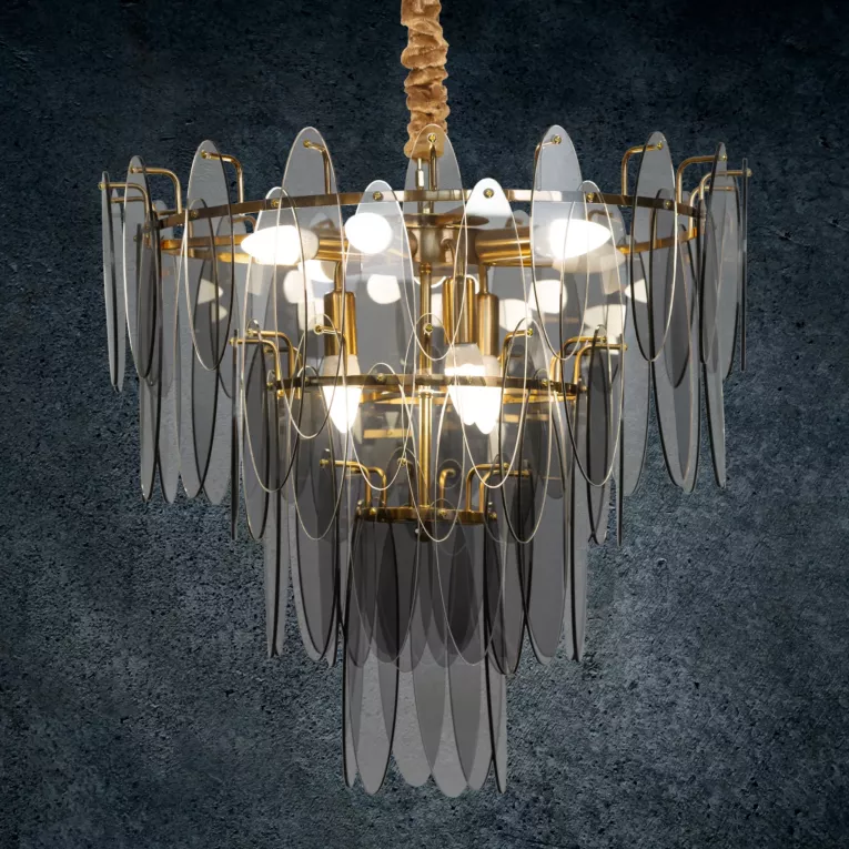 Lampa wisząca do salonu transparentno, złota MARLA ze szklanymi zawieszkami z dymionego szkła, z regulacją wysokości