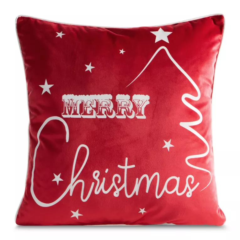 Poszewka na poduszkę 45x45 cm welwetowa, czerwono biała zdobiona nadrukiem świątecznym RUBI