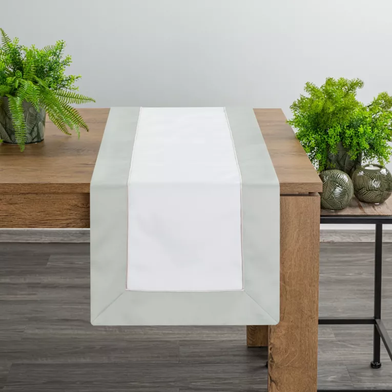 Bieżnik na stół naturalno, oliwkowy 40x180 cm SANDI z ozdobną listwą i beżową wypustką