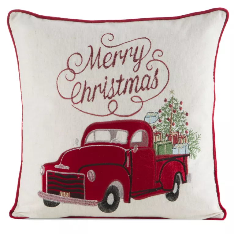 Poszewka na poduszkę świąteczna 45x45 cm kremowo, czerwona zdobiona uroczym haftem
