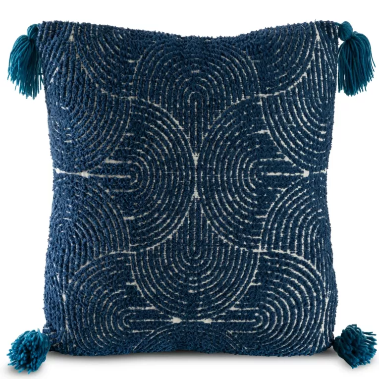 Poszewka na poduszkę 45x45 cm granatowa z błyszczącym nadrukiem oraz ozdobnymi chwostami SAVA