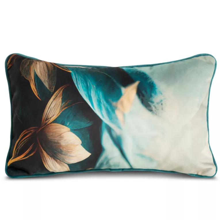 Poduszka 30 x 50 cm welwetowa turkusowo, beżowa z designerskim nadrukiem i wypustką na brzegach MINGE 5 EWA MINGE