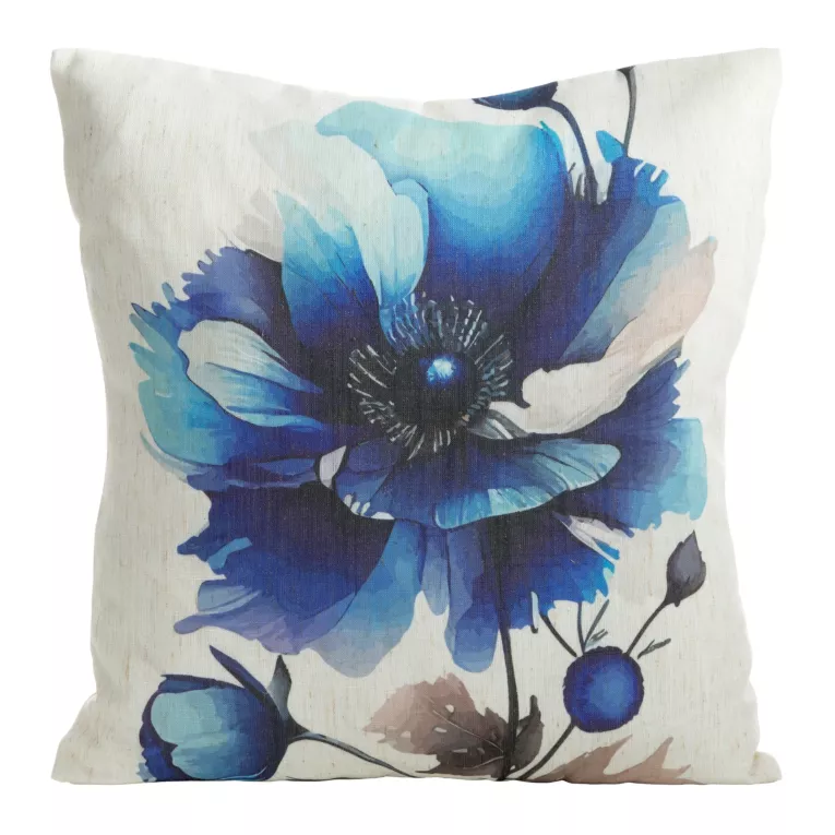 Poszewka na poduszkę 45x45 cm o strukturze lnu z nadrukiem subtelnych kwiatów beżowo, niebieska LEN