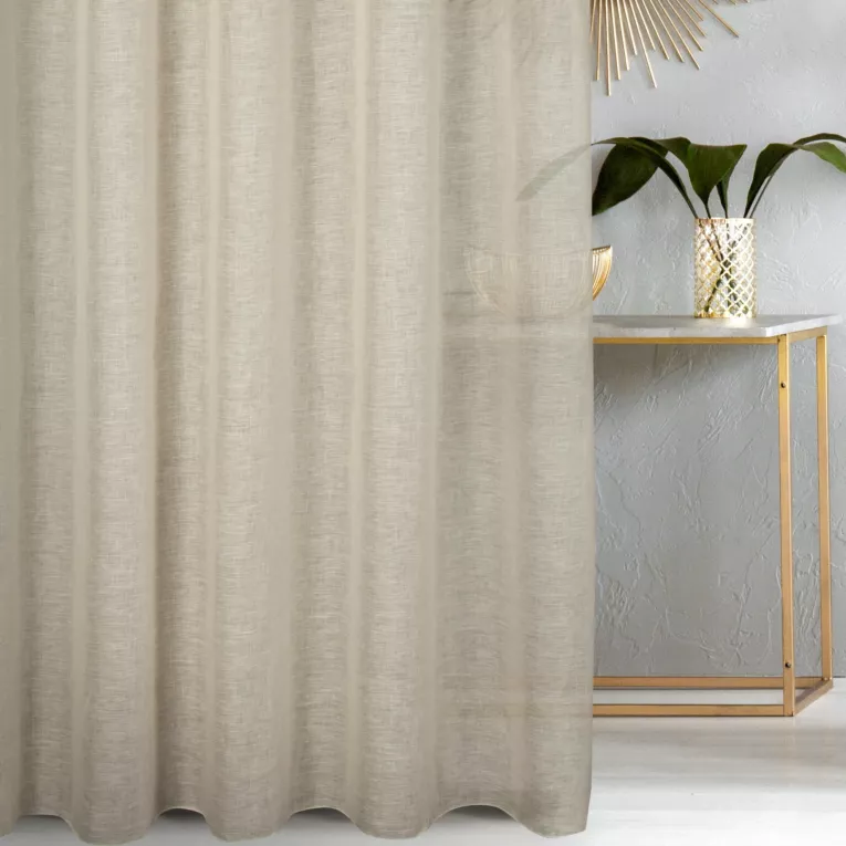 Firana szyta na taśmie 5 cm beżowa wykonana z naturalnej lnianej tkaniny, matowa, wykończona obciążnikiem