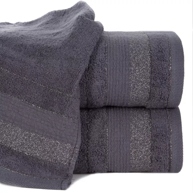 Ręcznik kąpielowy 50x90 cm bawełniany kolor grafitowy w pasy przetykany błyszczącą nicią 500 g/m2 APRIL