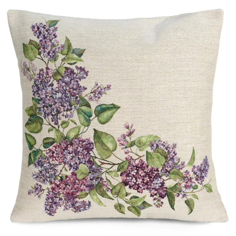 Poszewka na poduszkę gobelinowa 45x45 cm naturalno, fioletowa  z wiosennym motywem bzu