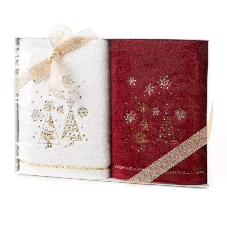 Zestaw ręczników światecznych bawełnianych 2 szt 50x90 cm kolor biały,czerwony 420 g/m2 JOY 07