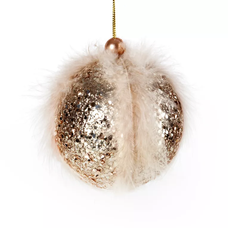 Bombka choinkowa zdobiona puszystymi piórami