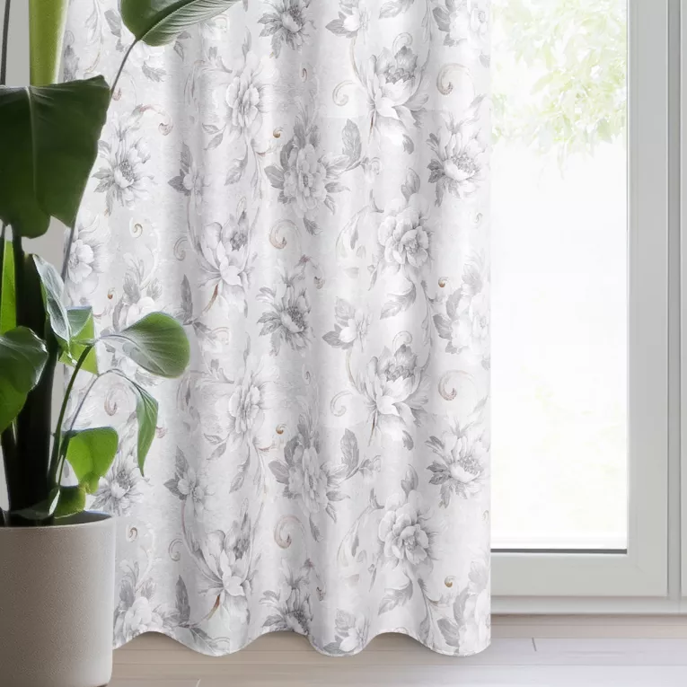 Zasłona srebrno, stalowa zdobiona nadrukiem kwiatów 140x250 cm przelotka - SIENNA