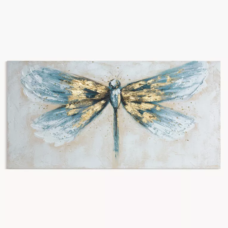 Obraz ręcznie malowany na płótnie z motywem ważki i złotymi akcentami