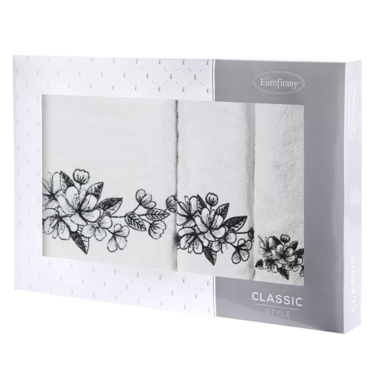 Zestaw ręczników bawełnianych na prezent 3 szt kolor biały,czarny z haftowanym motywem kwiatu wiśni 400 g/m2 SOFIA
