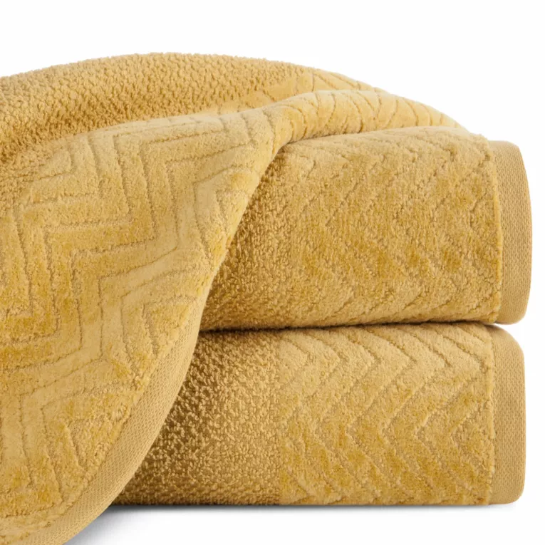 Ręcznik kąpielowy 70x140 cm bawełniany kolor musztardowy o ryżowej strukturze z welwetową bordiurą 500 g/m2 LOREN