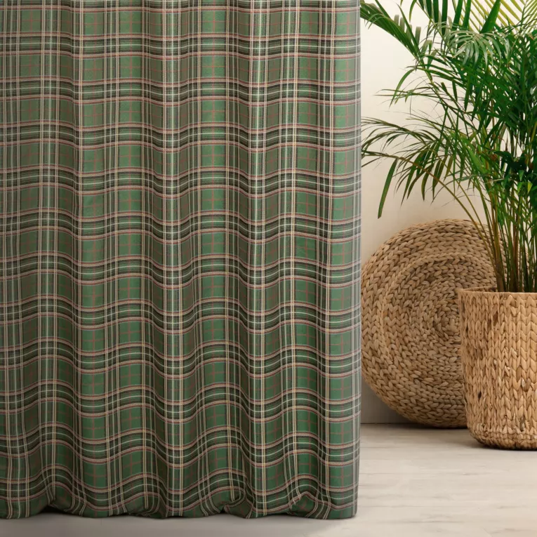 Zasłona szyta na taśmie 5 cm zielona z tkaniny gobelinowej o wzorze w kratę