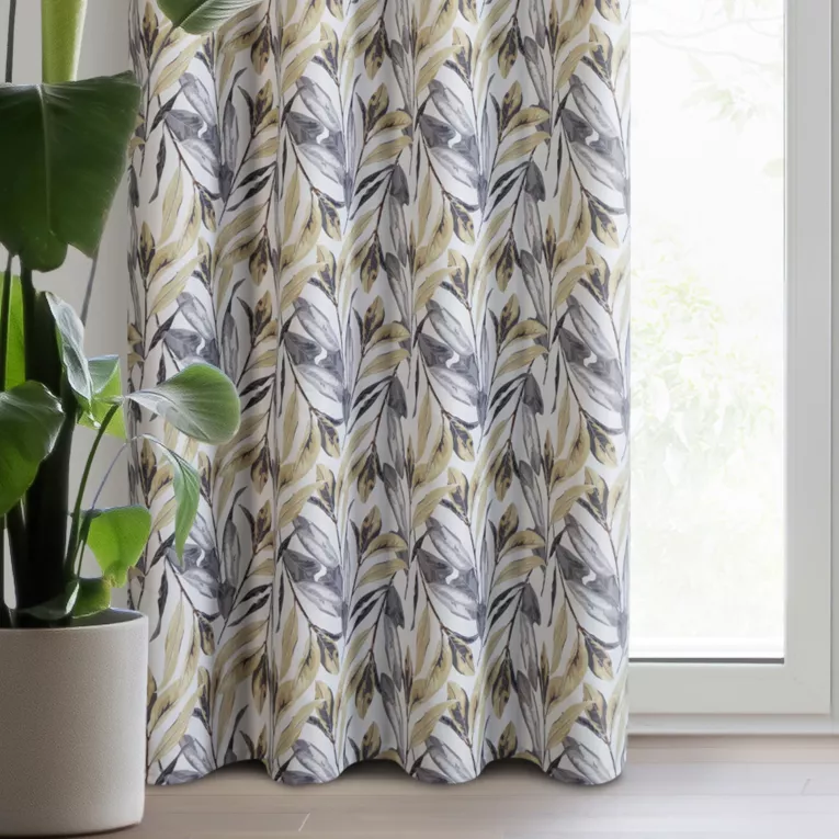 Zasłona biało, musztardowa z nadrukiem botanicznym zaciemniająca 140x250 cm przelotka - LAVIN