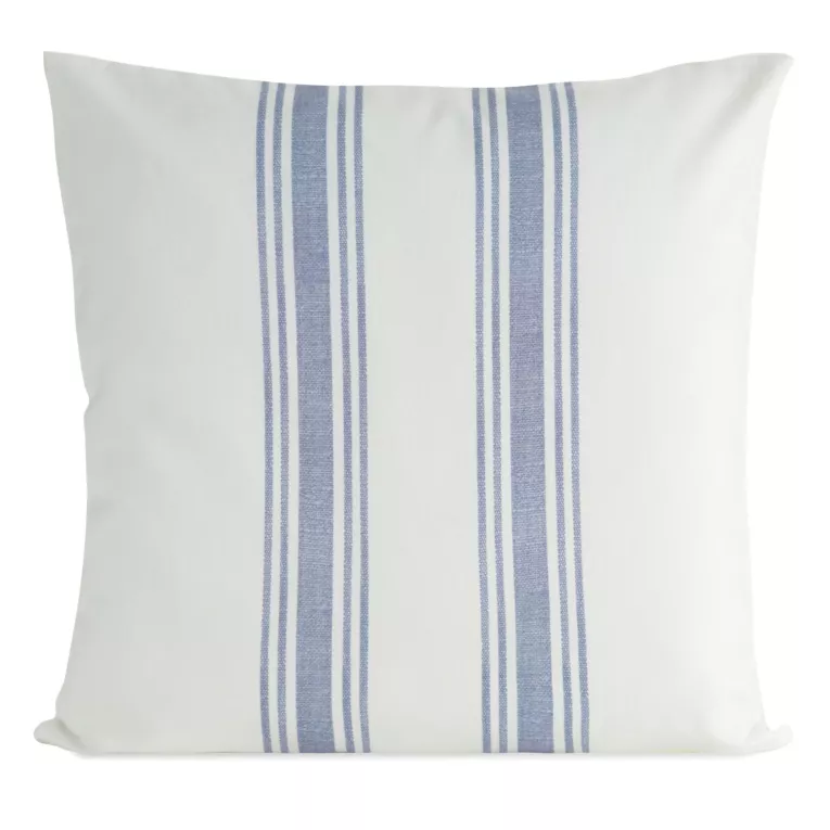 Poszewka na poduszkę 50x50 cm bawełniana z dodatkiem lnu zdobiona subtelnym nadrukiem pasów kremowo, fioletowa LEN