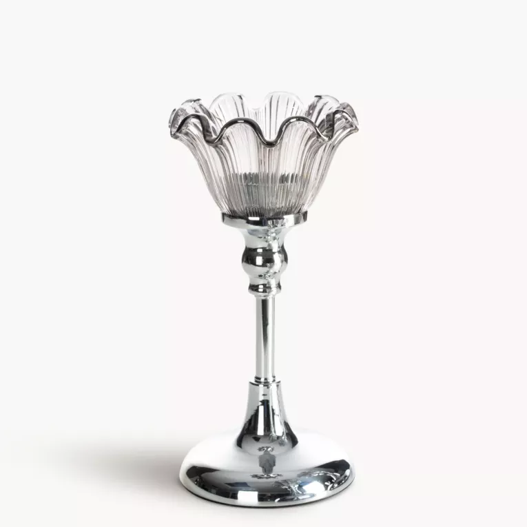 Świecznik dekoracyjny srebrno, grafitowy o szklanej kwiatowej formie rozmiar 11x22 cm ADENA