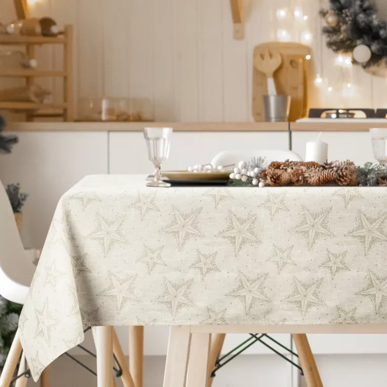 Obrus świąteczny 140x200 cm kremwo, złoty bawełniany zdobiony subtelnym wzorem gwiazdek WINTER