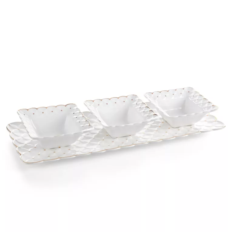 Patera z trzema miseczkami dekoracyjna BELIA z złotymi akcentami