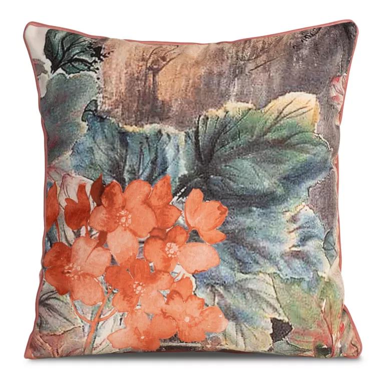 Poszewka na poduszkę dwustronna 60x60 cm welwetowa, bordowo kremowa z kwiatowym nadrukiem i wypustką na brzegach CHLOE Eurofirany Premium