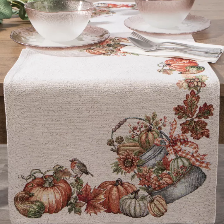 Bieżnik na stół naturalno, pomarańczowy 45x140 cm gobelinowy zdobiony motywem dyń