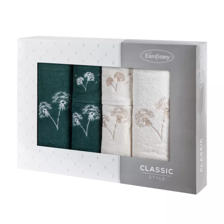 Zestaw ręczników bawełnianych na prezent 6 szt kolor ciemnozielony, kremowy z haftowanym motywem dmuchawca 400 g/m2 MOLI