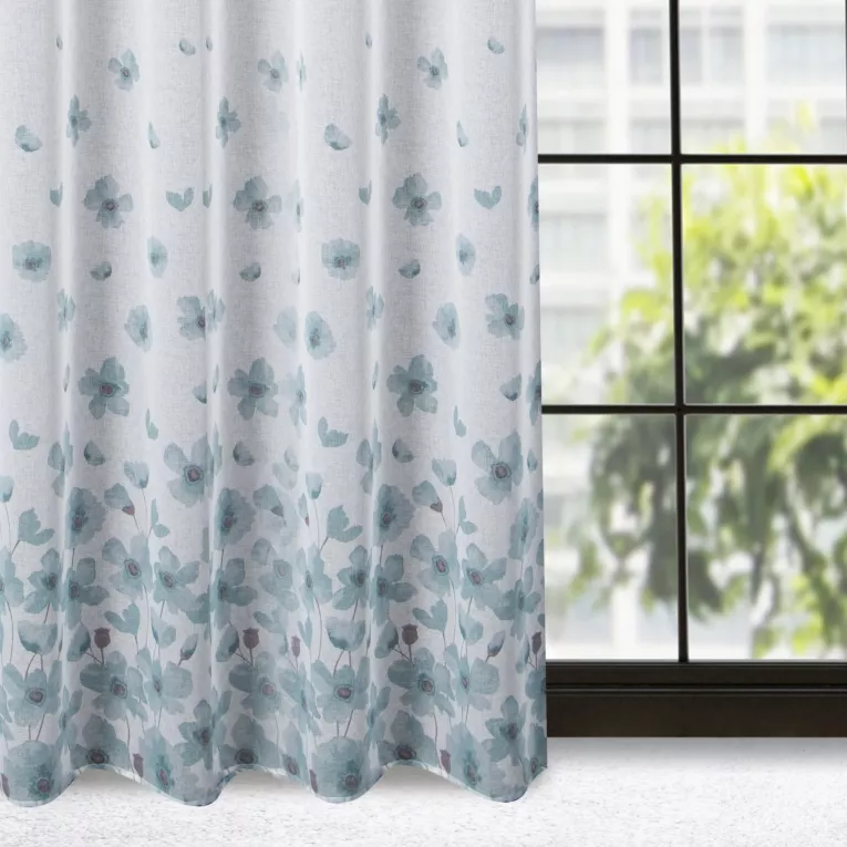Dekoracja okienna biało, turkusowa z lekkiej etaminy z pastelowym nadrukiem kwiatów 140x250 cm przelotka - ANDREA