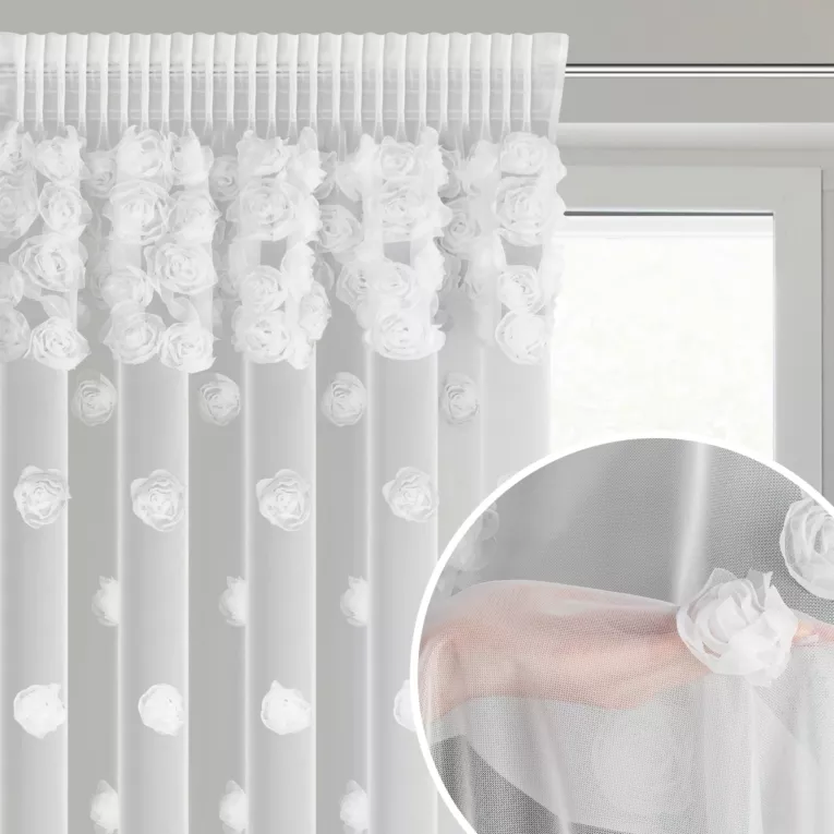 Firana biała z siateczki zdobiona różami 3D 140x270 cm taśma - DIANA