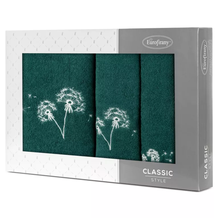 Zestaw ręczników bawełnianych na prezent 3 szt kolor ciemnozielony , srebrny z haftem kwiatów 400 g/m2 MOLI