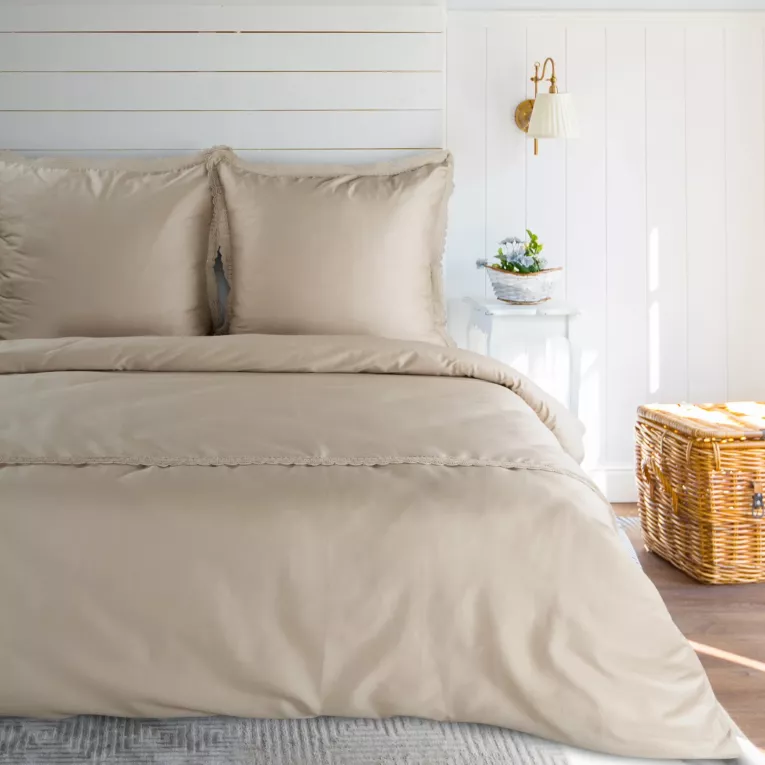 Pościel 220x200 cm z satyny bawełnianej kolor beżowy zdobiona elegancką koronką RETRO 6