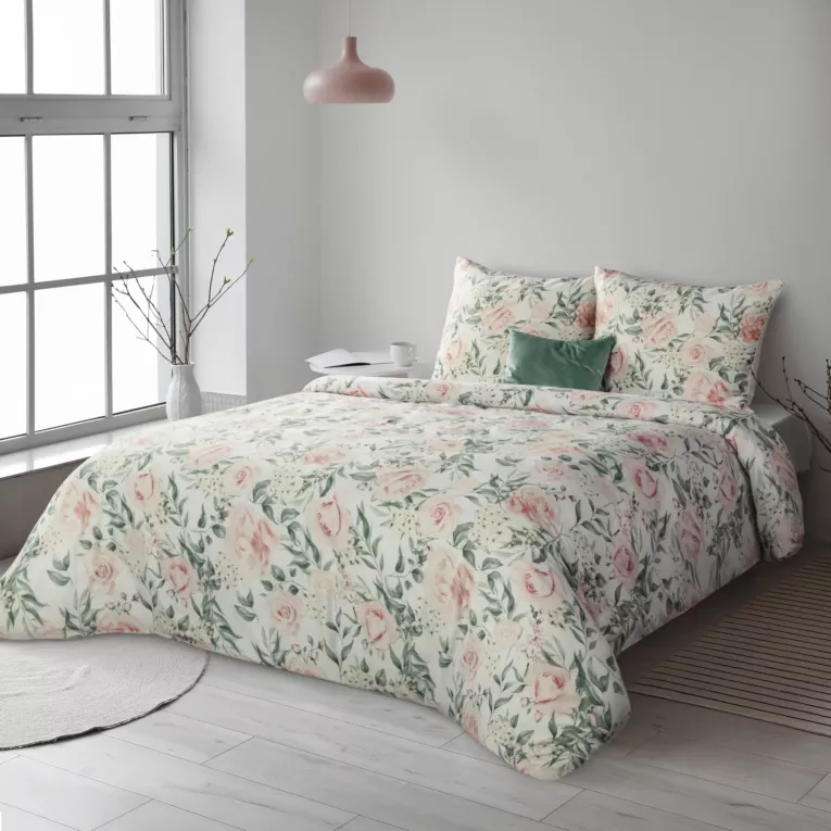 Pościel 220x200 cm bawełniana kolor biały. jasnoróżowy z wzorem kwiatowym w romantycznym stylu SPRING 13