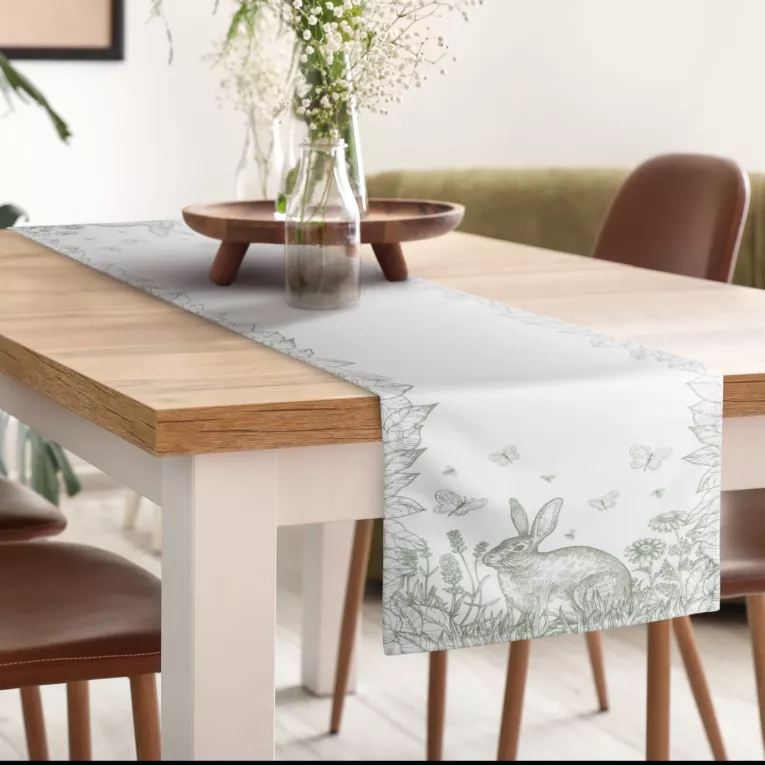 Bieżnik na stół kremowo, zielony 40x140 cm o strukturze lnu WIOSNA 6 z nadrukiem wiosennym