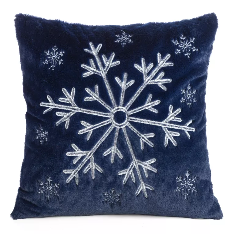 Poszewka na poduszkę 45x45 cm świąteczna granatowo srebrna z haftowaną śnieżynką