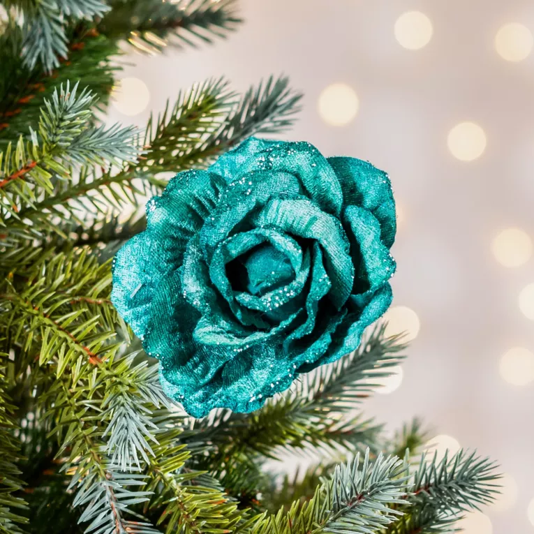 Świąteczna róża z welwetu zdobiona brokatem