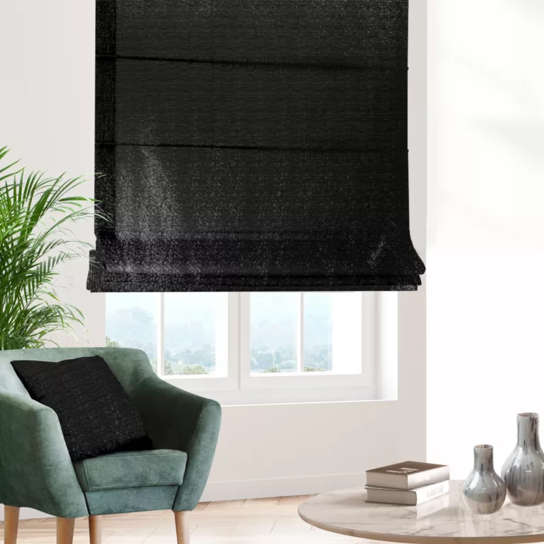 Roleta rzymska JULIETT czarna z eleganckiej połyskującej tkaniny przetykanej lureksową nicią