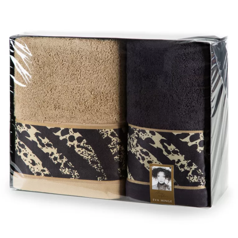 Zestaw ręczników bawełnianych na prezent 2 szt 70x140 cm kolor beżowy, czarny z kolekcji Eva Minge