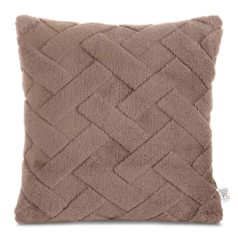 Poszewka na poduszkę 45x45 cm ciemnobeżowa z miękkiego pluszu zdobiona wypukłym wzorem CARO DESIGN 91