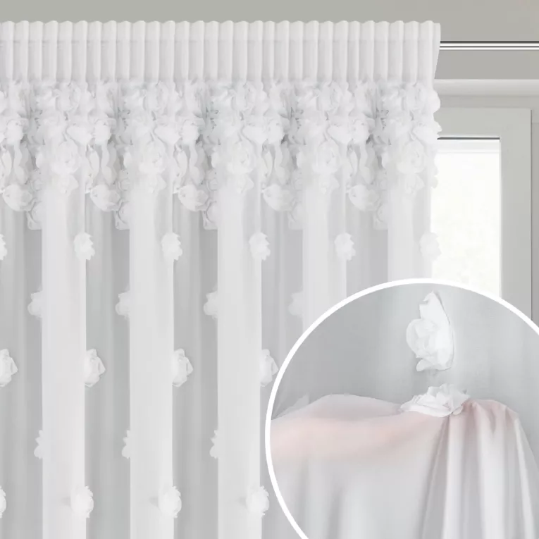 Firana biała z szyfonu zdobiona różami 3D 350x270 cm taśma - DIANA