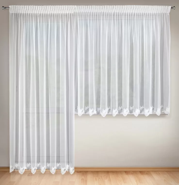 Komplet białych firan 2 szt z tkaniny woalowej zdobiona w dolnej części haftem w formie fali 400x160 cm / 200x250 cm taśma ROSE