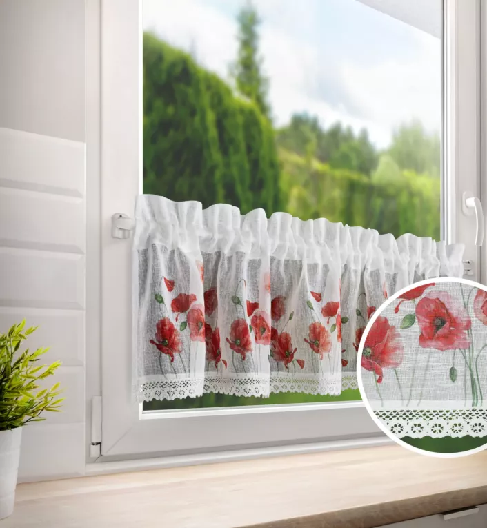 Zazdrostka biało, czerwona z etaminy w stylu sielankowym w kwiaty maków 150x30 cm tunel MARI