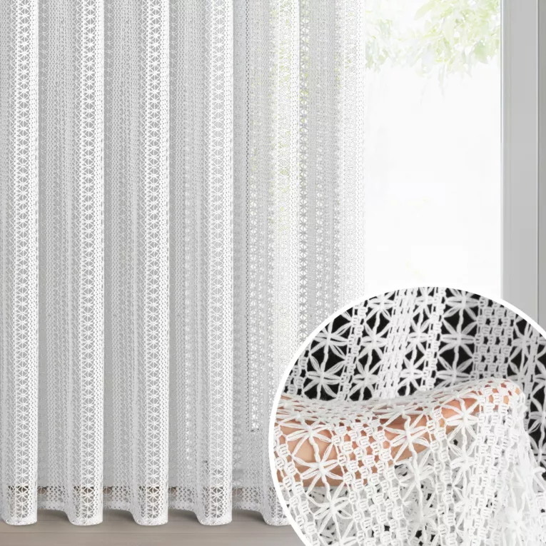 Zasłona biała z siateczki o ozdobnym splocie 140x270 cm taśma - BONITA