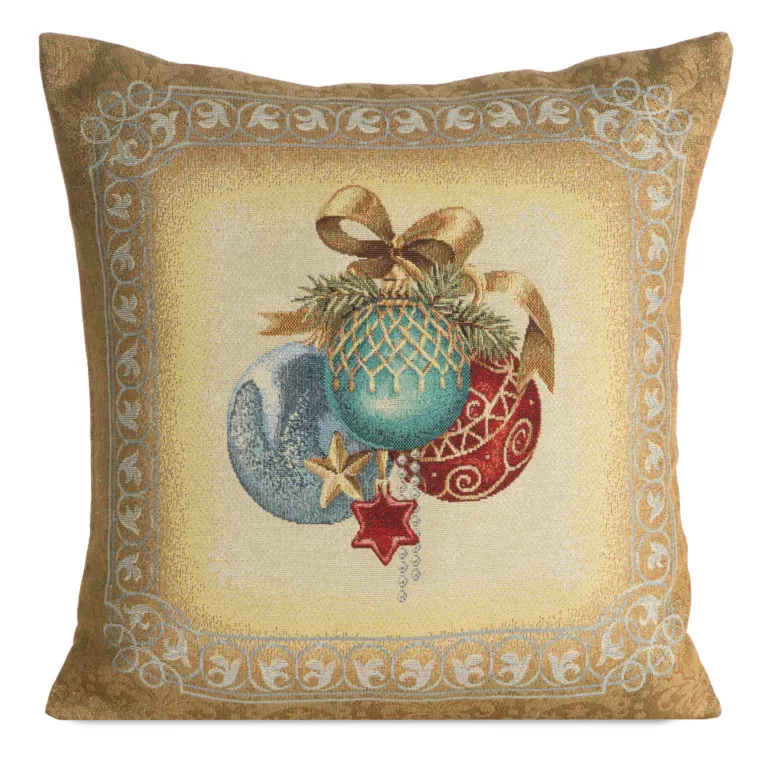 Poszewka na poduszkę świąteczna 45x45 cm bawełniana, gobelinowa złoto, błękitna z motywem bombek GOB