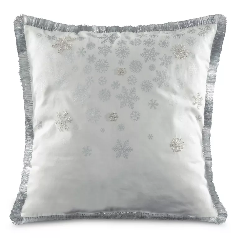Poszewka na poduszkę 45x45 cm biało, srebrna wykończona ozdobnymi frędzlami