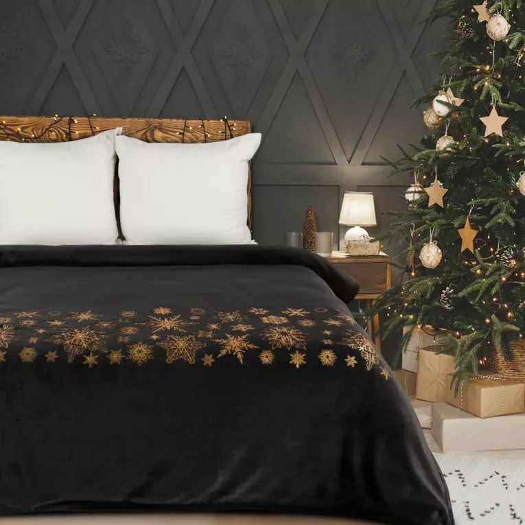 Koc 150x200 cm czarno,złoty świąteczny zdobiony gwiazdkami ASTRA