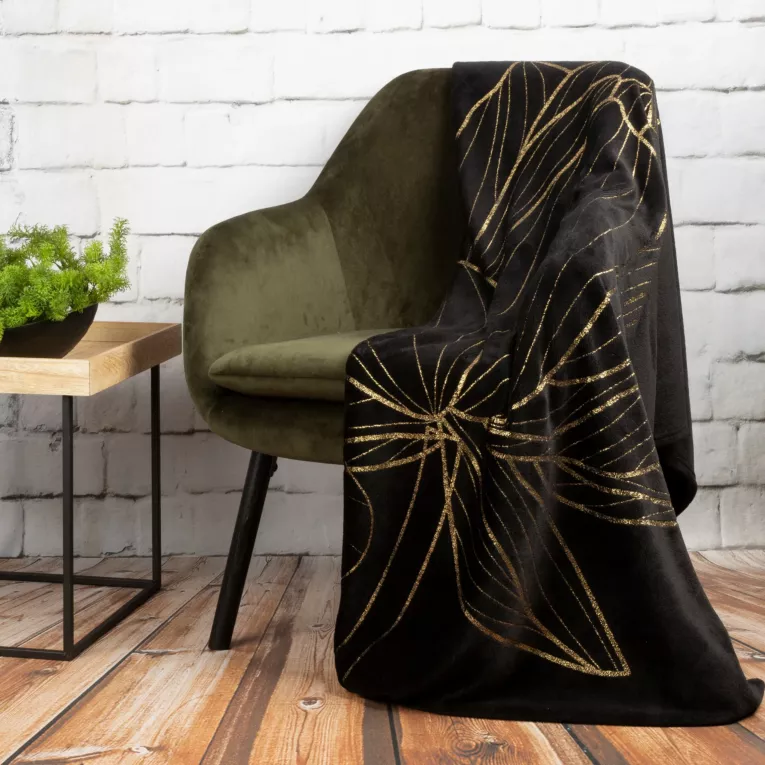 Koc LILI 3 miękki i miły w dotyku ze złotym nadrukiem z motywem kwiatów lotosu