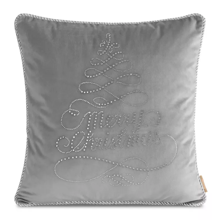 Poszewka z miękkiego welwetu z aplikacją choinki z drobnych kryształków oraz srebrnym sznurem na brzegach