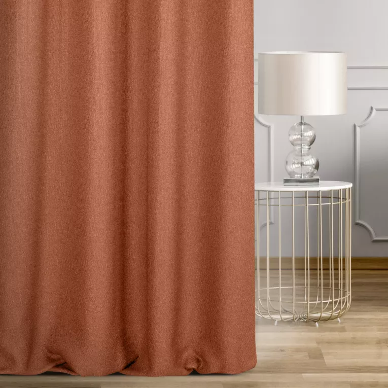 Zasłona szyta na taśmie 5 cm ruda z tkaniny o naturalnym splocie w stylu eko