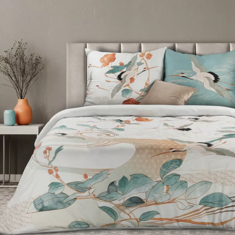 EUROFIRANY PREMIUM Komplet pościeli MILA z makosatyny bawełnianej z nadrukiem z motywem żurawi