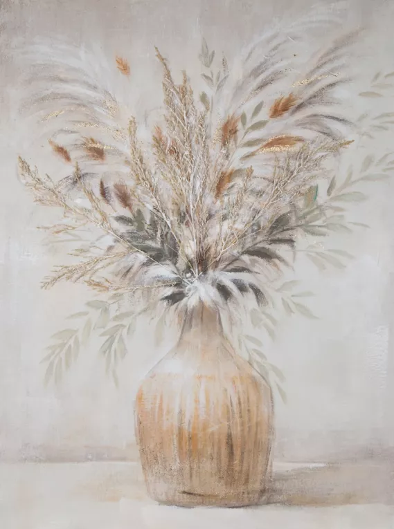 Obraz  KITTY ręcznie malowany na płótnie kolaż, bukiet kwiatów z trawą pampasową